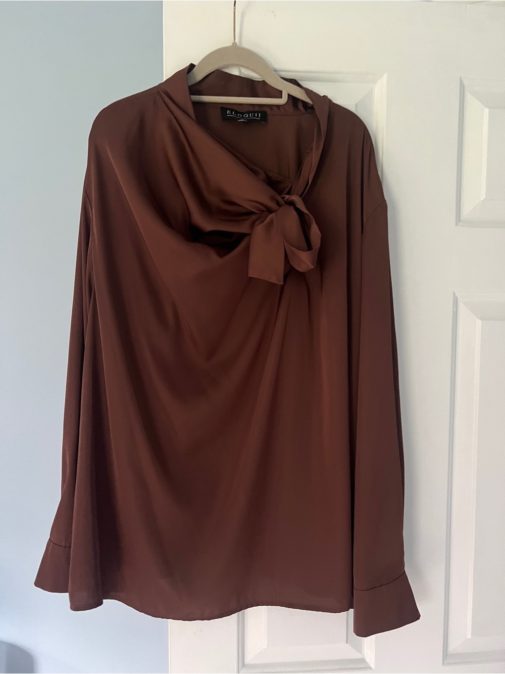 Eloquii Brown Satin Tie-Neck Blouse - Women's Long Sleeve Top